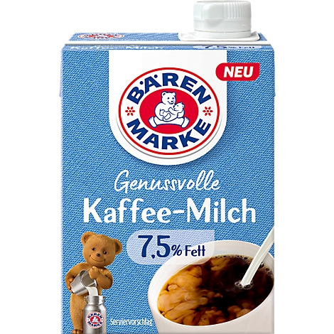 Brique de lait avec le logo "Bärenmarke" et l'inscription "Kaffee-Milch", à côté d'une tasse de café avec du lait. Impression : 7,5% de matières grasses.