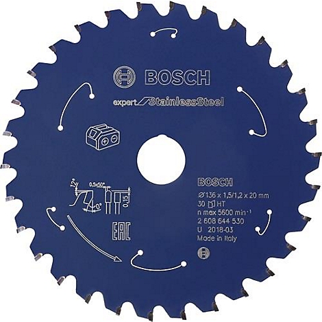 Lame de scie bleue Bosch avec spécifications techniques et dents.
