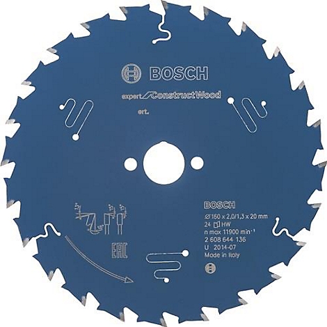Scie circulaire bleue avec dents. Avec le logo Bosch et les données techniques.