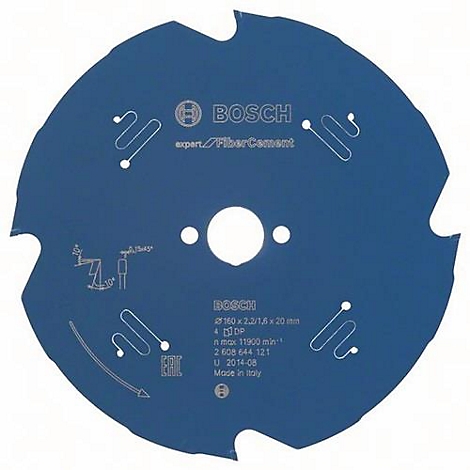Lame de scie circulaire bleue de Bosch, avec logo et informations sur le produit. Elle a des dents et des motifs géométriques.