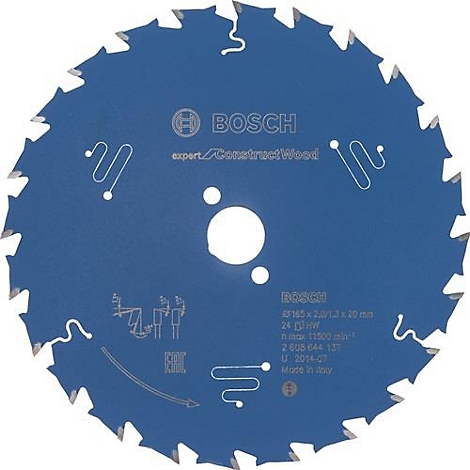 Lame de scie bleue à dents acérées, logo Bosch. Inscription : expert Construct Wood.