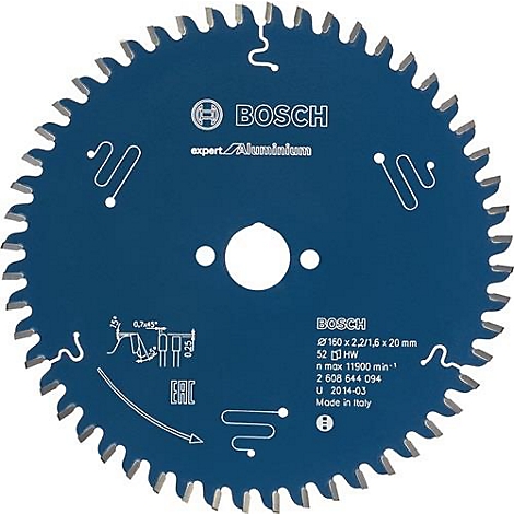 Lame de scie circulaire bleue avec dents, logo Bosch et détails techniques.