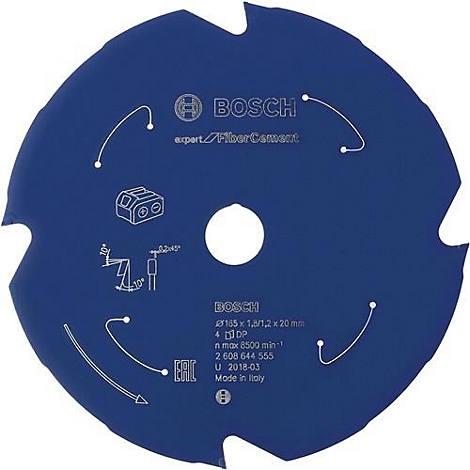 Scie circulaire bleue de Bosch avec lettrage et détails techniques.
