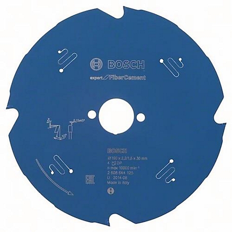 Lame de scie circulaire bleue avec logo du fabricant, texte et découpes.