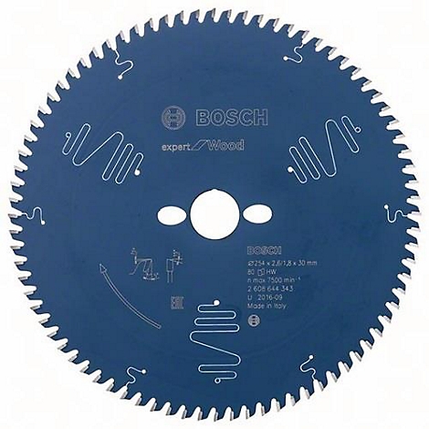 Lame de scie bleue avec trou blanc et dents de scie. Lettrage Bosch, Expert Wood.