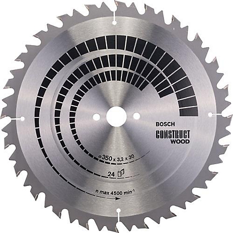 Lame de scie circulaire en métal avec dents, logo et données techniques.