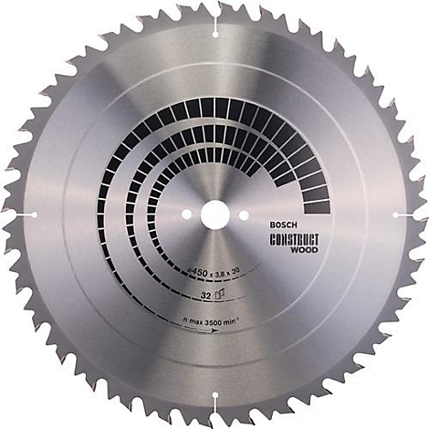 Lame de scie circulaire en métal avec dents sur le bord, détails avec lettrage. Logo : Bosch Construct Wood.