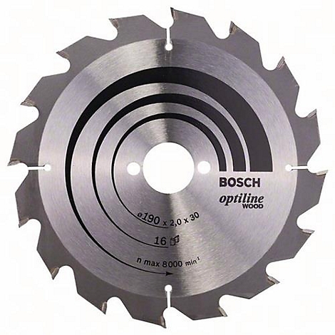 Lame de scie circulaire en métal avec des lignes noires et des lettres. La lame de scie a des dents et le logo "BOSCH optiline wood".