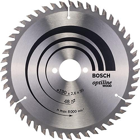 Lame de scie circulaire Bosch, argentée, avec dents et marquages. Marqué 'optiline wood'.