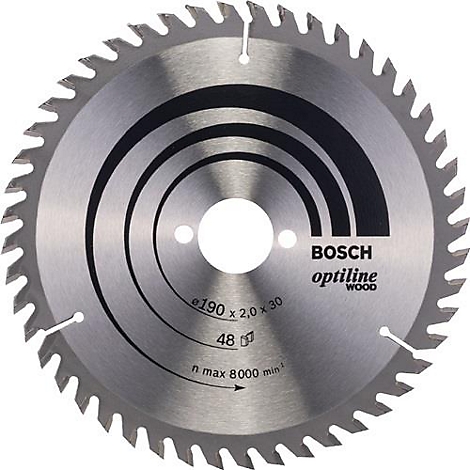 Lame de scie circulaire Bosch Optiline Wood. Couleur métallique avec dents et lettrage noir.