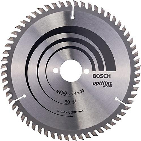 Lame de scie circulaire en métal, avec dents, logo BOSCH Optiline Wood, données techniques.