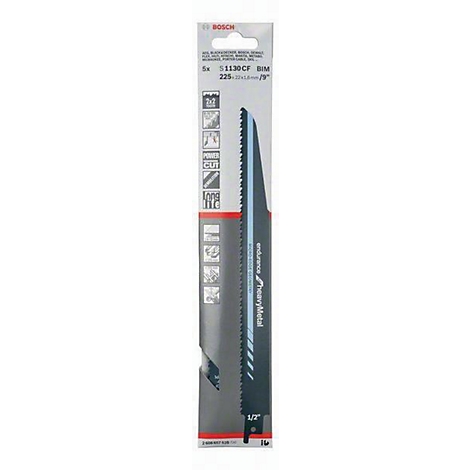 Lame de scie avec bord denté, dans un emballage avec le logo Bosch. Le nom du produit et d'autres informations sont imprimés.