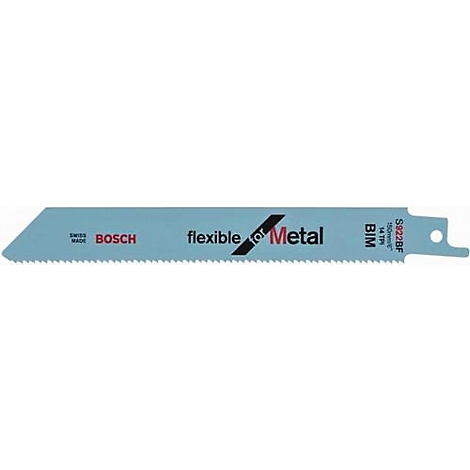 Lame de scie bleu clair, en métal, avec les mots "BOSCH", "flexible Metal", "BIM" et "S922BF".