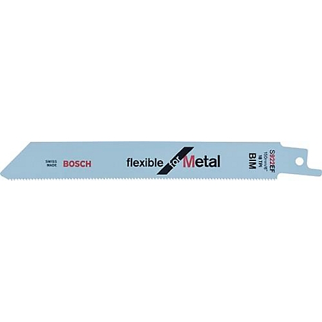 Lame de scie avec texte Bosch et 'flexible Metal'. Fond bleu clair.