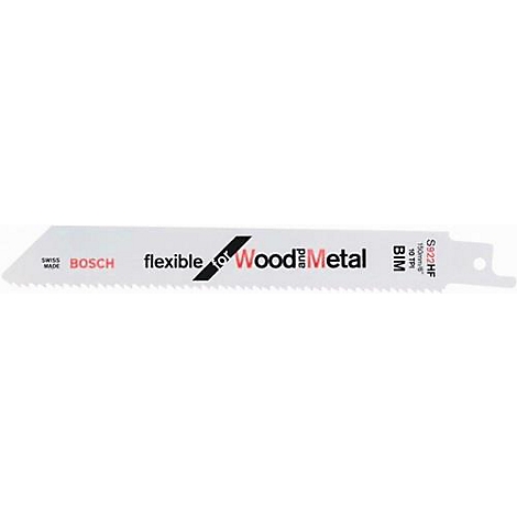Lame de scie pour bois et métal, blanche avec lettrage noir et bord de coupe dentelé.