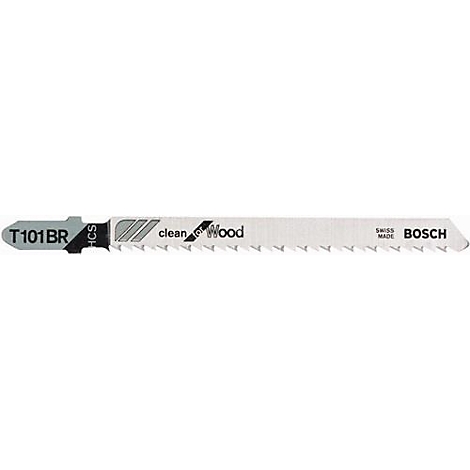 Lame de scie avec l'inscription noire "T101BR", à côté de l'inscription "clean Wood" et "BOSCH".