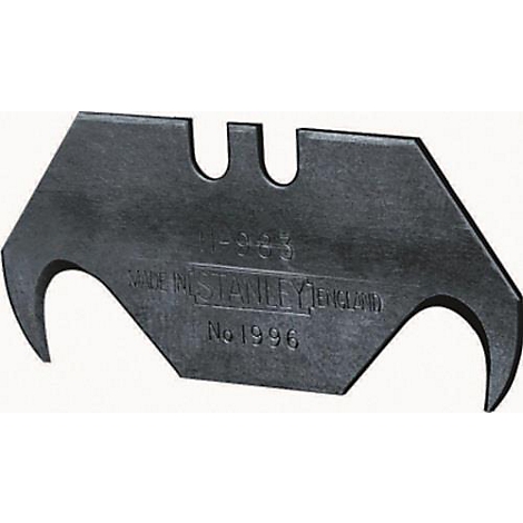 Lame de cutter noire, avec des bords incurvés et des encoches. Marqué "STANLEY England".