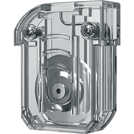 Gros plan d'un boîtier en plastique transparent avec des vis.