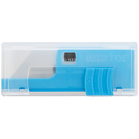 Coupe-carton bleu et transparent avec curseur bleu et lames grises. Inscription : martor.