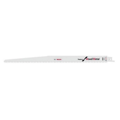 Lame de scie pour bois et métal, blanche avec lettrage noir et rouge, dents sur la face inférieure.