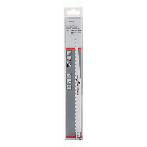 Un emballage de lame de scie alternative. La lame de scie blanche porte l'inscription "FastCut" et des dents. L'emballage est gris, blanc et rouge.