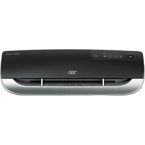 Black laminator with a silver colored base. There is a series of buttons on the top. The text "GBC" can be seen.