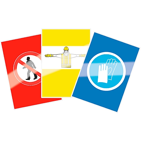 Safety signs: Red, yellow and blue. No entry, protective clothing, hand protection.