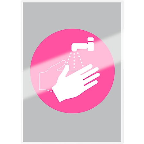 A pink circle featuring a white hand and tap. The water flows onto the hand which is held beneath.