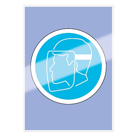 Round sign with a light blue circle. Inside, a white outline drawing of a face with a protective shield. Background light blue.