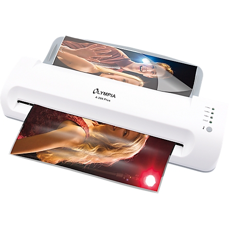 White Olympia A385 Plus laminator, two laminated photos.