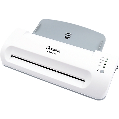 White Olympia laminator with gray input tray. Label: Olympia A 286 Plus.