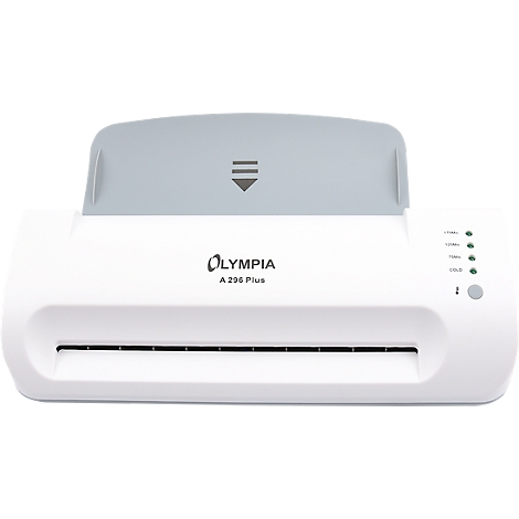White Olympia A296 Plus laminator. Gray top with arrow symbol. LEDs on the right.