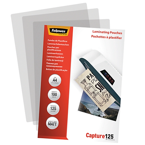 Product image of laminating pouches and packaging with information. Printed texts include "Fellowes" and "Capture 125".