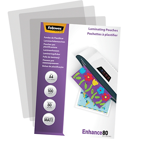 Product image of Fellowes laminating pouches; a laminated item is visible in the foil.