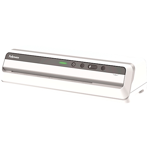 White laminator with gray accents and the word "Fellowes".