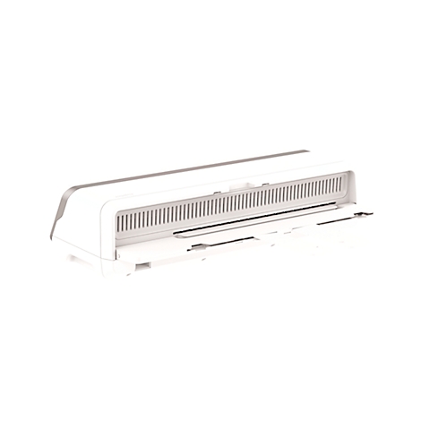 White electronic device with ventilation slots and an open flap. Grey stripe on top.