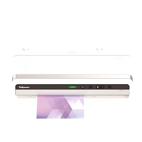A white laminator laminating a sheet with a geometric pattern. The device shows 'Fellowes'.