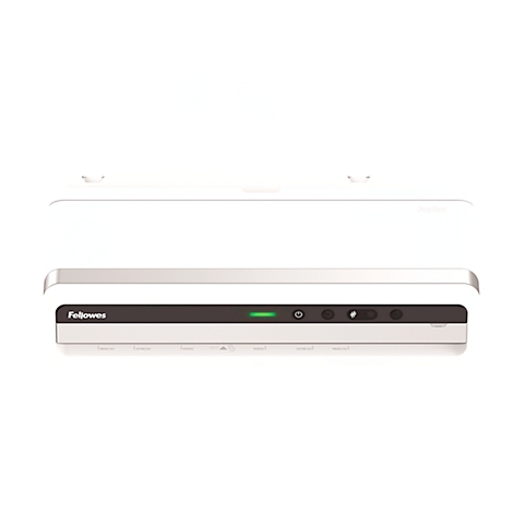 White Fellowes laminator with black control panel and green LED light. Logo and buttons visible.