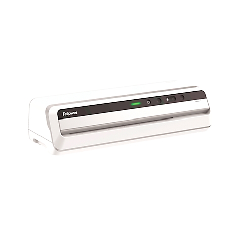 White laminator with black accents and the Fellowes logo. It has green and black control buttons.