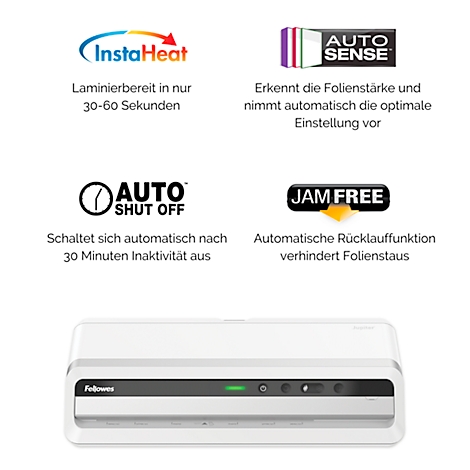 White laminator with green indicator light and logo. Text: InstaHeat, Auto Sense, Auto Shut Off, Jam Free.