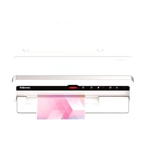 White laminator with control panel and pink document inserted. Fellowes logo on left.