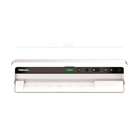 White Fellowes laminator. With green power indicator and various function keys.