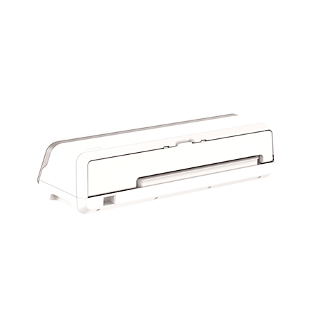 White, rectangular device against a light background. A narrow transparent cover on top, an inlet below.