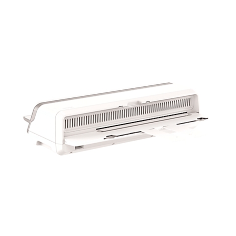 White, oblong device with ventilation slots. The front part is slightly open.