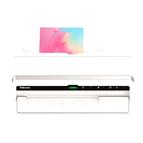 White laminator. A document with pink, blue and yellow geometric shapes is coming out of the device.