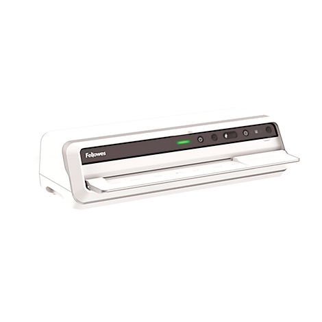A white foil sealing machine with a black control panel, Fellowes brand, against a white background.