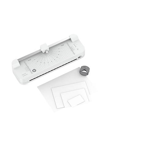 White cutting device with paper sheets and a gray rotating part on a white background.
