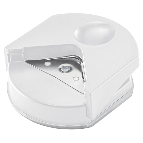 Hoekronder gemaakt van wit plastic. Er is een metalen mes zichtbaar om hoeken af te snijden.