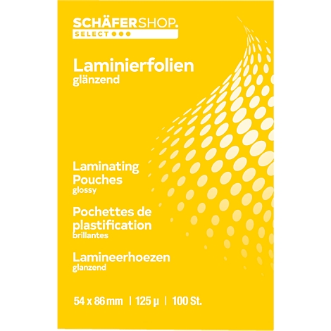 Gele verpakking met witte letters en productdetails voor lamineerhoezen.