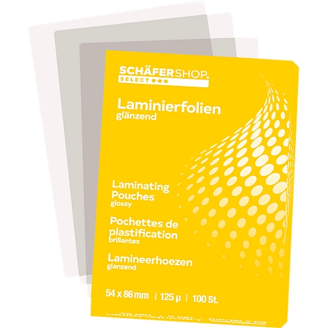 Gele verpakking lamineerhoezen met tekst, daarnaast liggen transparante folies. Tekst: Lamineerhoezen glanzend.